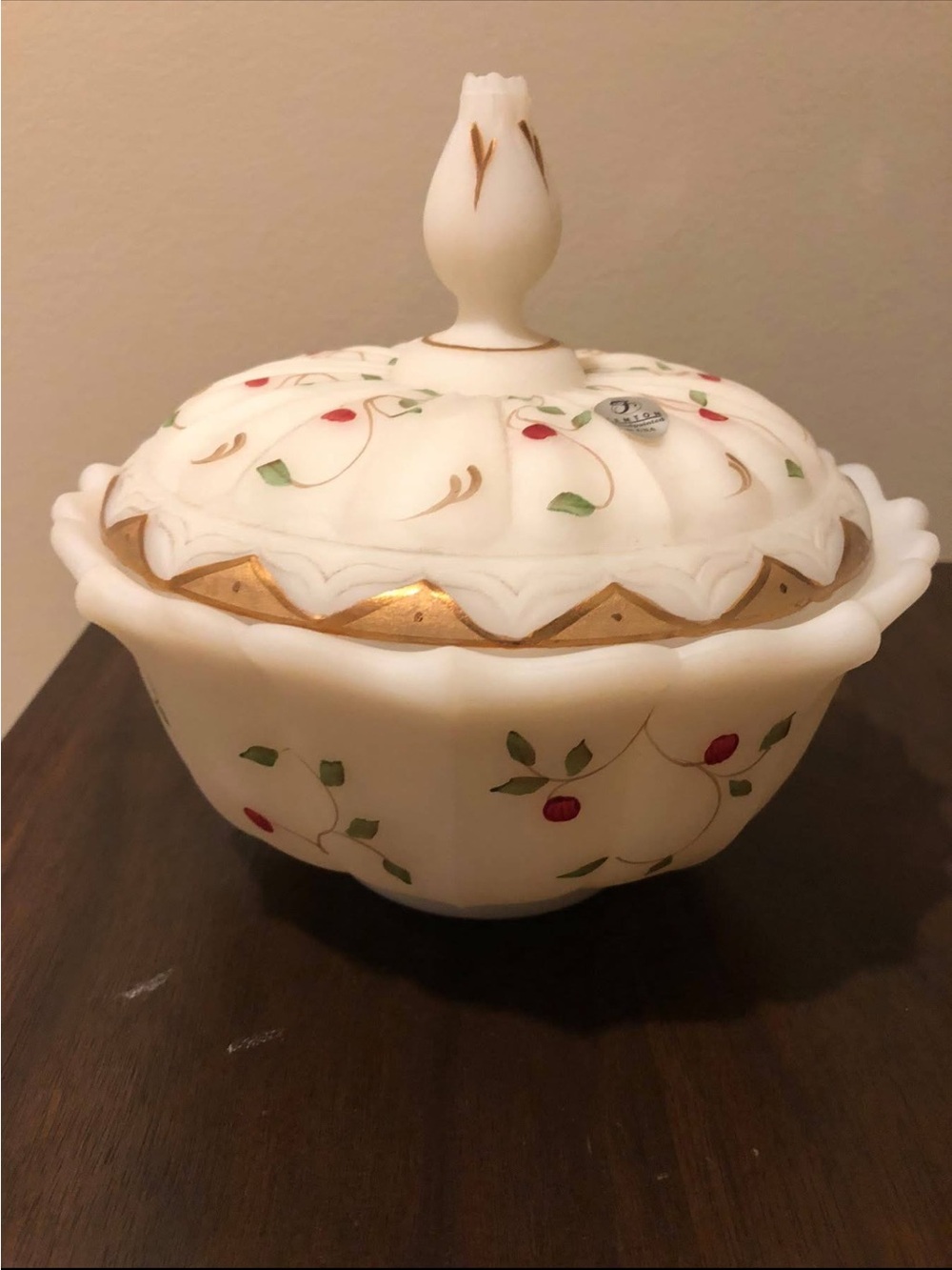 Fenton White Milk Glass Lidded Candy Dish with Gold Trim and Red Floral Accents